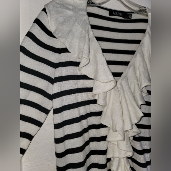 Lauren Ralph Lauren Ivory Polo Black Striped Ruffle Trim Cardigan Size Large - Picture 7 of 16